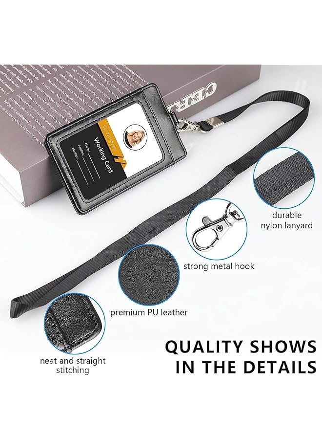 erorex Card Holder With Lanyard Id Badge Holder With Clear Window And Holds 2 Cards Pu Leather Vertical Badge Holder For Id Cards Offices Schools Bus Passes Vertical Black - Image 4