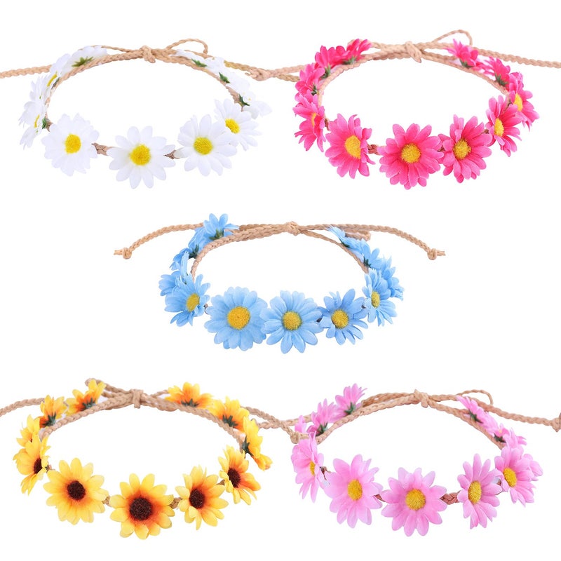 Whaline Daisy Flower Headband Sunflower Hair Wreath Women Girl Floral Headpiece for Summer Decoration Wedding Party Hippie Halloween Christmas Festival5 Packs