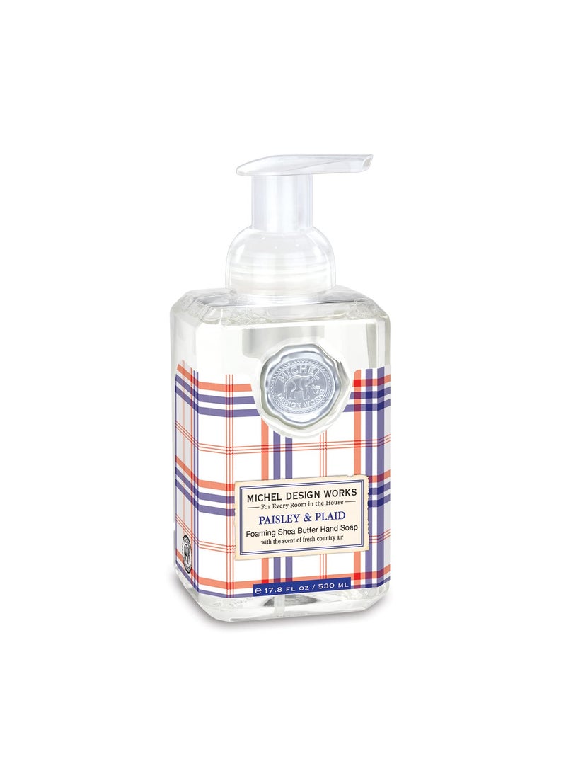 Michel Design Works Michel Design Works Foaming Hand Soap 17.8oz, Paisley & Plaid (Red, White, and Blue Plaid Design) Scent and Design, Shea Butter and Aloe Vera Blend, Beautiful Square Container with Pump 