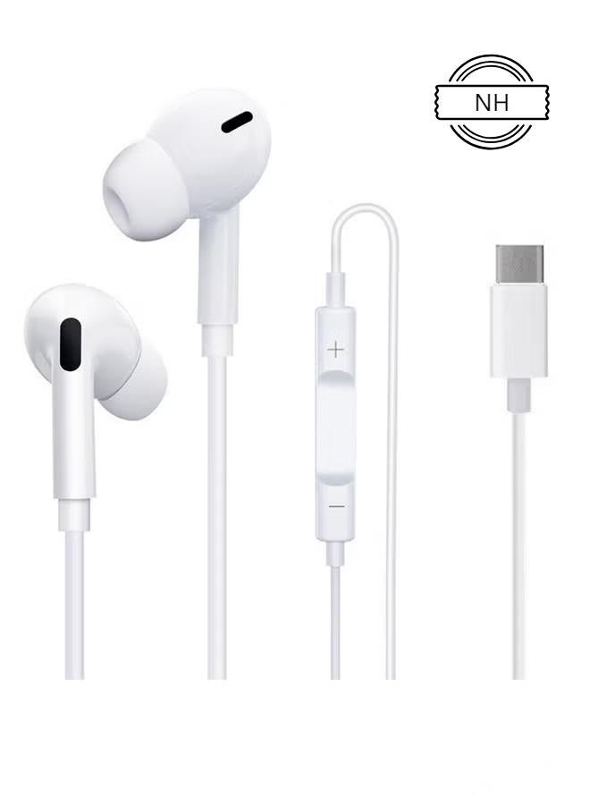 NH White Type-C Wired In-Ear Earbuds for iPhone with Microphone, Bluetooth-Free, Compatible with iPhone/iPad & Other Type-C Port Devices - Image 1