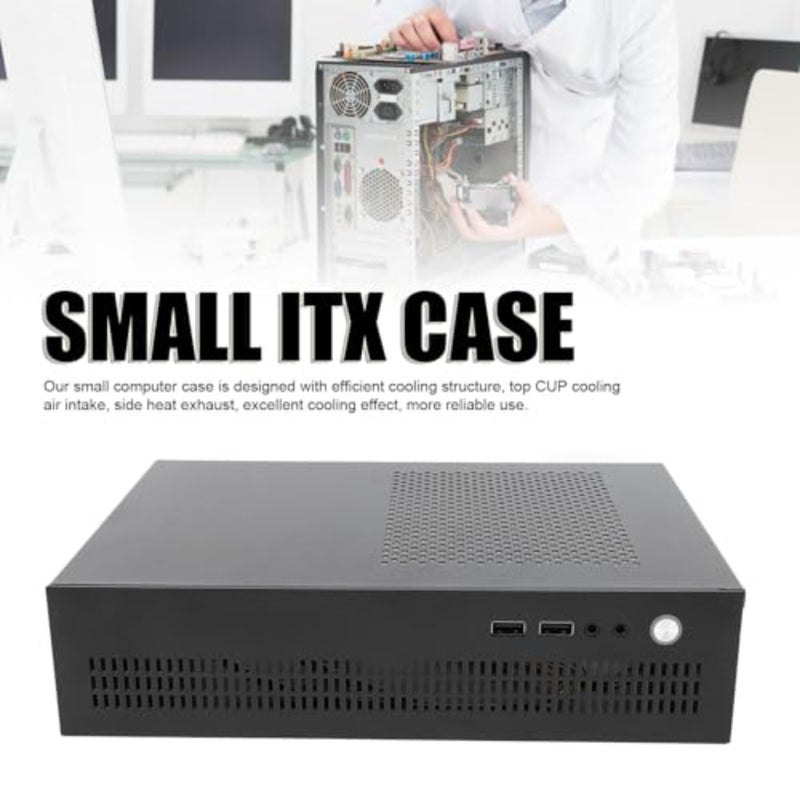 حافظة كمبيوتر ITX صغيرة للبنيات المدمجة، هيكل فولاذي ممتاز، لمسة نهائية سوداء، تدعم SSD ومبرد وحدة المعالجة المركزية مقاس 50 مم مع تبريد فعال وواجهة USB 2.0 - Image 2