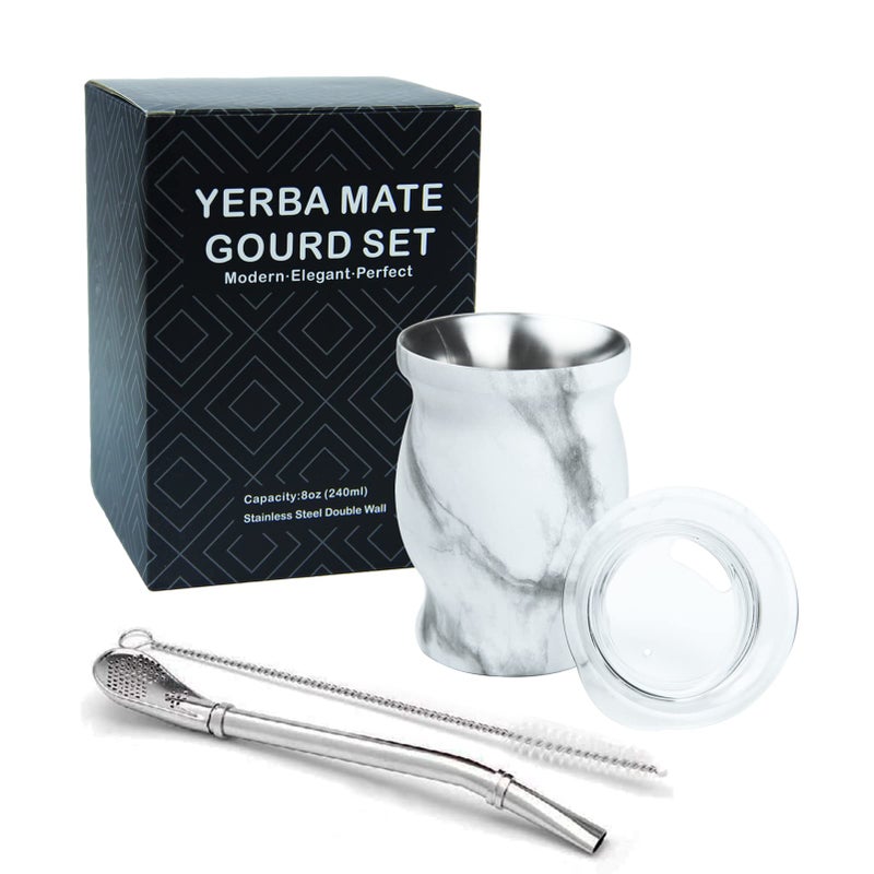 LA FEE Yerba Mate Natural GourdTea Cup Set Brown Original Traditional Mate Cup  8 OuncesIncludes Yerba Mate Straw  Cleaning BrushStainless Steel  DoubleWalled  Easy to Clean White