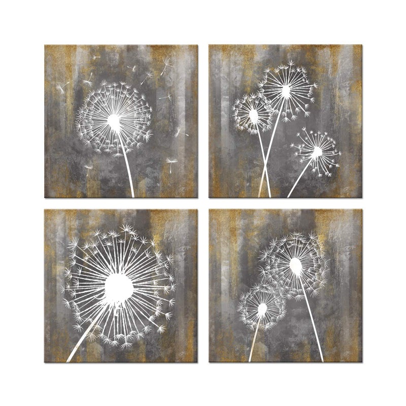 Zlove Dandelion Canvas Wall Art Abstract Grey and Gold Flower Bathroom Picture Wall Decor Stretched and Framed Ready to Hang 12x12inchx4pcs