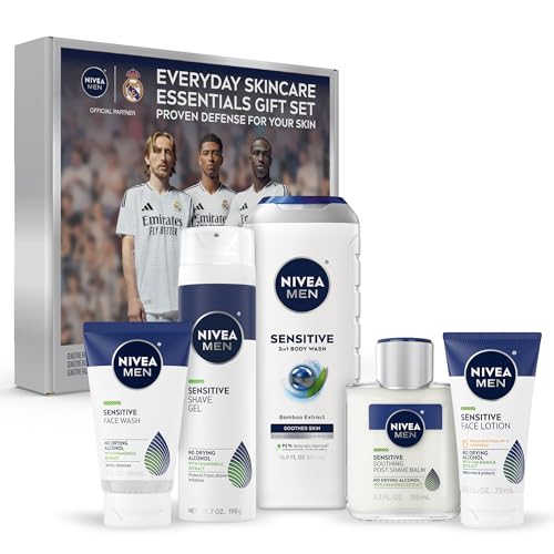 NIVEA MEN Sensitive Skin Care Set for Men Face Wash 5 Fl Oz  Body Wash 169 Fl Oz  Shave Gel 7 Oz  Soothing Post Shave Balm 33 Fl Oz  Face Lotion SPF 15 25 Fl Oz