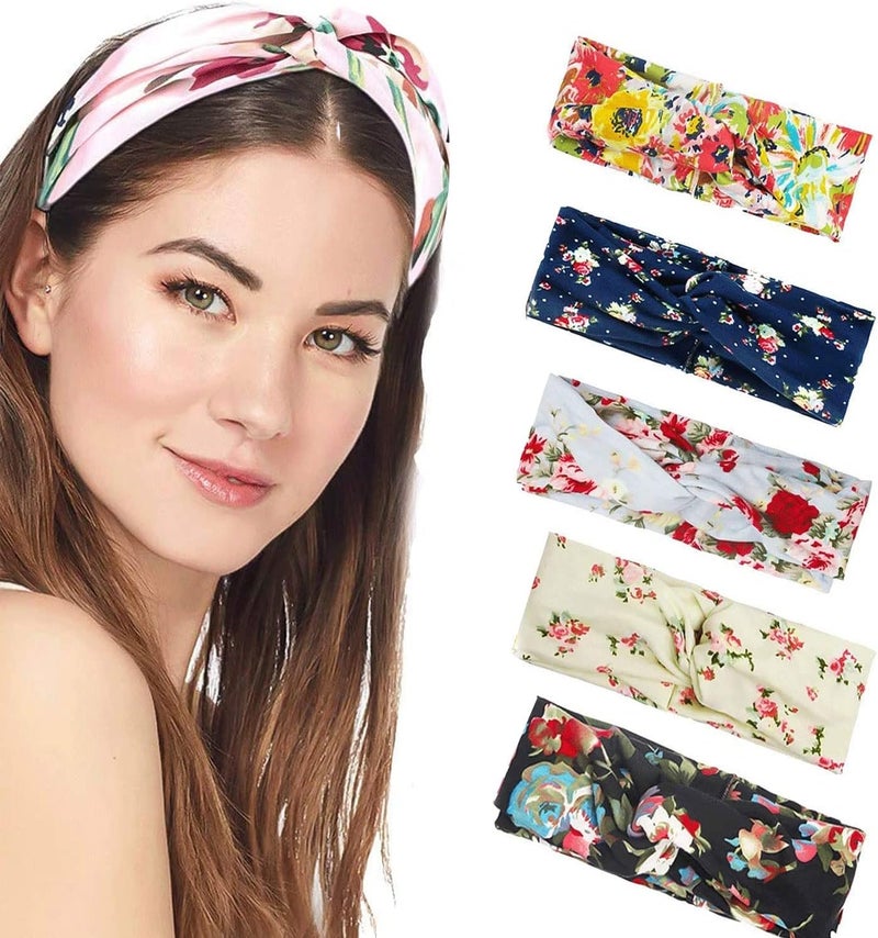Headband Women Vintage Flower Headband Printed Head Scarf Elastic HairbandBandana Boho Hairbands Hair Accessories5Pcs