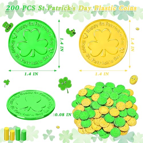 Fullive 200 PCS St Patricks Day Decorations 14 in Shamrock Gold Coins for St Patricks Day Gold Green Lucky Coins Fake Coins Plastic Coins Shamrock Coins Shamrock Decor St Patricks Day Party Decorations - Image 5