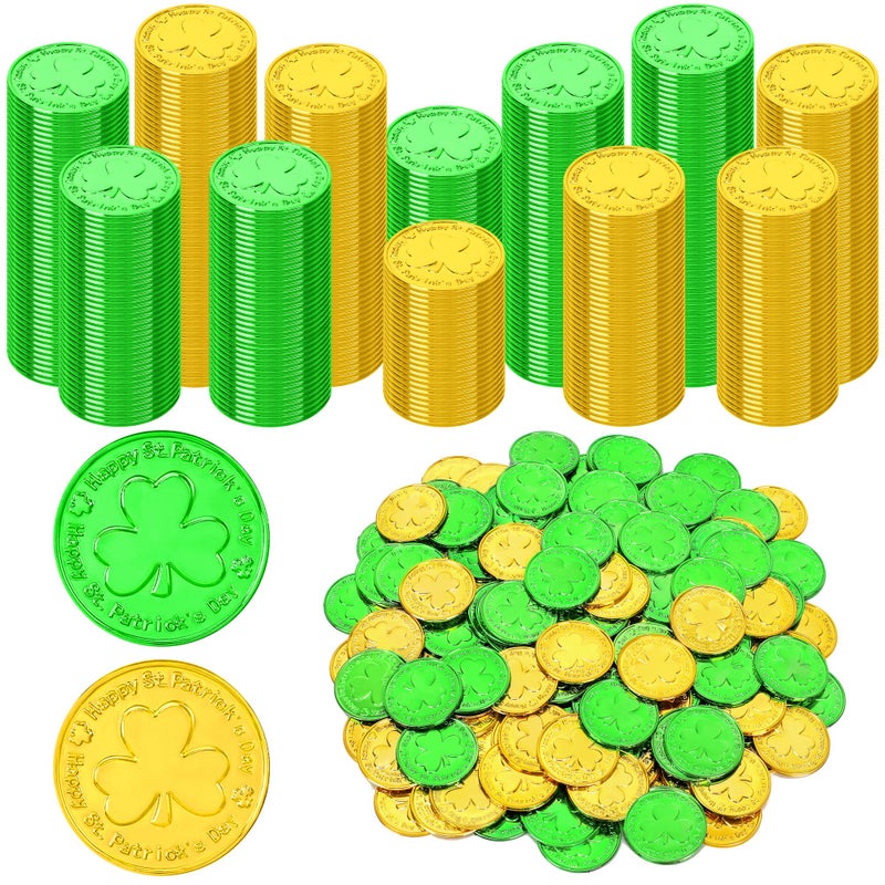 Fullive 200 PCS St Patricks Day Decorations 14 in Shamrock Gold Coins for St Patricks Day Gold Green Lucky Coins Fake Coins Plastic Coins Shamrock Coins Shamrock Decor St Patricks Day Party Decorations - Image 3