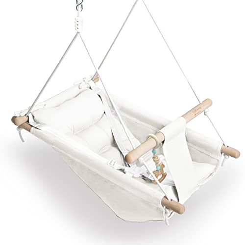 gladswing Baby Swing Indoor and Outdoor Canvas Hammock Swing for Baby to Toddler with a Comfortable Seat Macaroon Wooden Toy Adjustable 5Point HarnessGift for Baby Boys Girls 3 Modes White - Image 1
