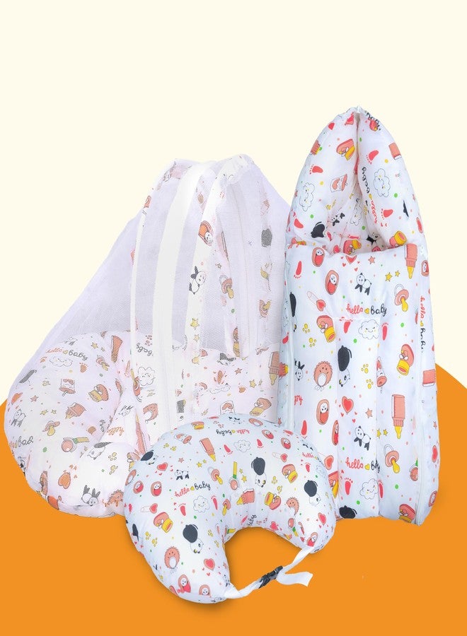 Infans Mini Baby Bedding Set, 3 Pcs Cotton Sleeping Essential|Baby Sleeping Bag|Mother Nursing Feeding Pillow|Mosquito Net Bed for 0-6 Months (Panda Orange) - Image 1