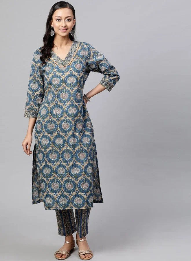 Indo Street Ethnic Motif Printed V Neck Kurta With Trousers For Women