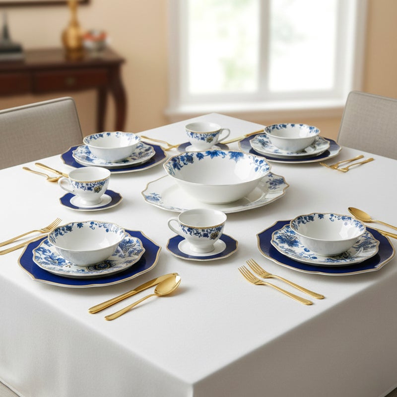 Shallow ROSY 32 Pc New Bone China Dinner Set for 6 Persons - White with Blue Floral Pattern, Elegant Tableware for Daily Use, Brunch, Coffee Station, Ramadan, Eid & Gifting - Image 2