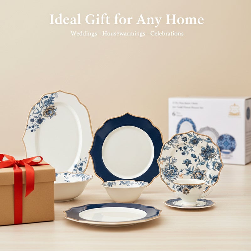 Shallow ROSY 32 Pc New Bone China Dinner Set for 6 Persons - White with Blue Floral Pattern, Elegant Tableware for Daily Use, Brunch, Coffee Station, Ramadan, Eid & Gifting - Image 4