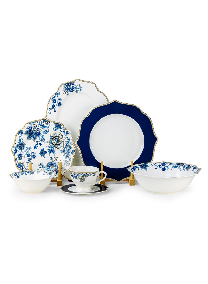 Shallow ROSY 32 Pc New Bone China Dinner Set for 6 Persons - White with Blue Floral Pattern, Elegant Tableware for Daily Use, Brunch, Coffee Station, Ramadan, Eid & Gifting - Image 1