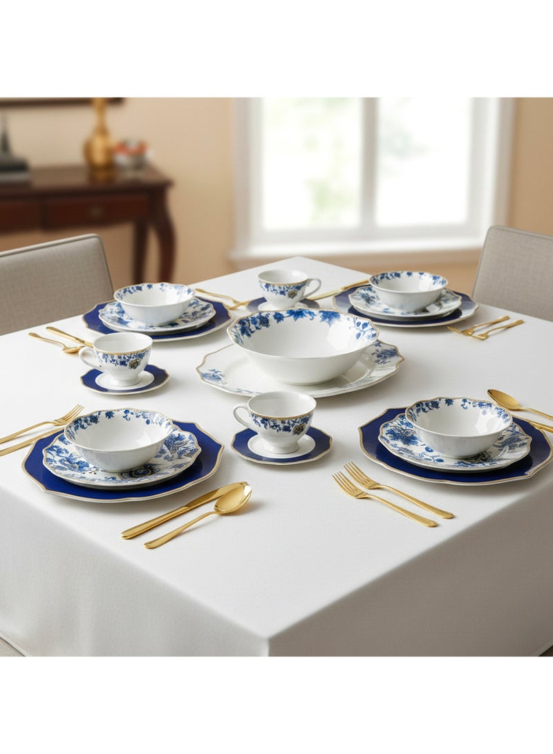 Shallow ROSY 32 Pc New Bone China Dinner Set for 6 Persons - White with Blue Floral Pattern, Elegant Tableware for Daily Use, Brunch, Coffee Station, Ramadan, Eid & Gifting - Image 2