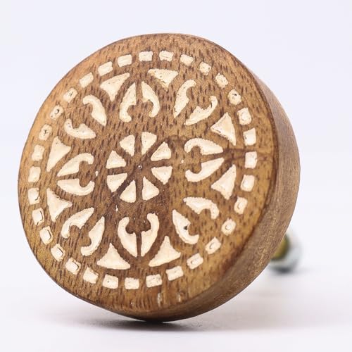 Indian-Shelf 2 Pieces Brown White Drawer Knobs Boho Wood Cabinet Knobs Decorative Drawer Pulls Unique Dresser Knobs Wooden Kitchen Handles Modern Door Hardware Single Hole - Image 1