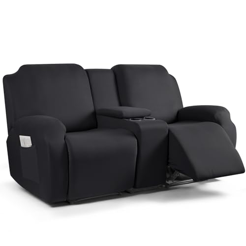 TAOCOCO Reclining Loveseat with Middle Console Slipcover, 4 Piece Polyester Fabric Stretch Loveseat Reclining Sofa Covers (Black, 2 Seat Recliner Cover with Console) - Image 1