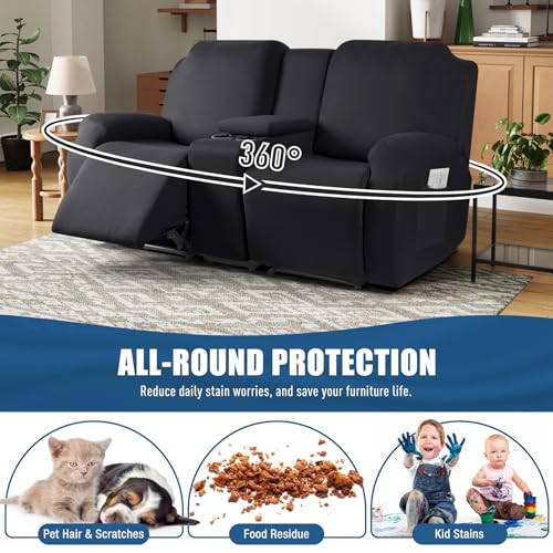 TAOCOCO Reclining Loveseat with Middle Console Slipcover, 4 Piece Polyester Fabric Stretch Loveseat Reclining Sofa Covers (Black, 2 Seat Recliner Cover with Console) - Image 4