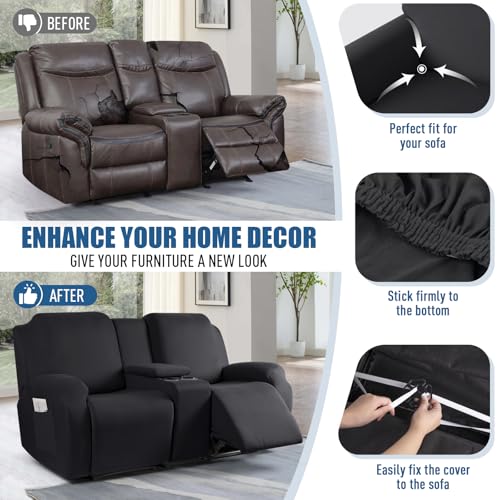TAOCOCO Reclining Loveseat with Middle Console Slipcover, 4 Piece Polyester Fabric Stretch Loveseat Reclining Sofa Covers (Black, 2 Seat Recliner Cover with Console) - Image 5