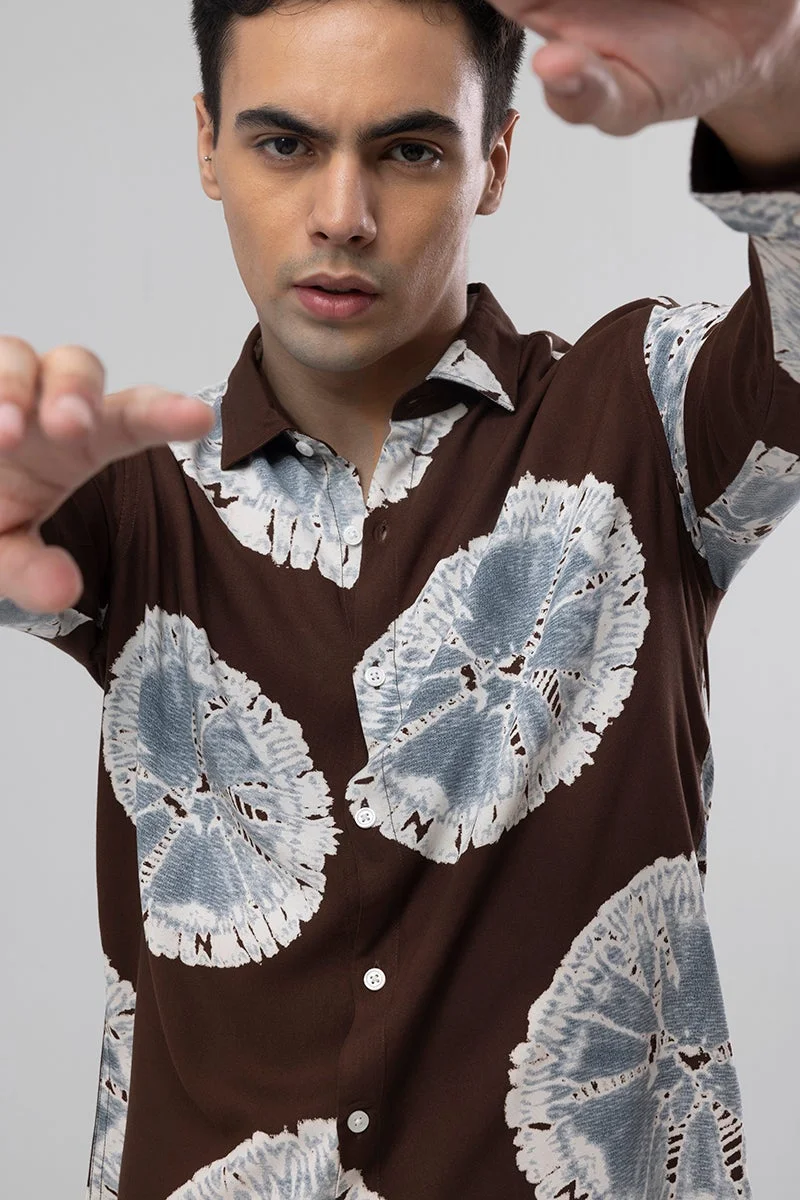 سنيتش Brown Abstract Long Sleeve Slim Fit Casual Shirt