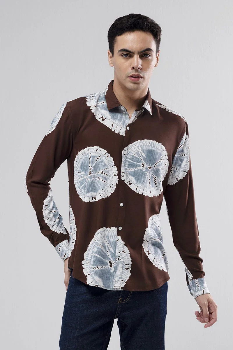 سنيتش Brown Abstract Long Sleeve Slim Fit Casual Shirt