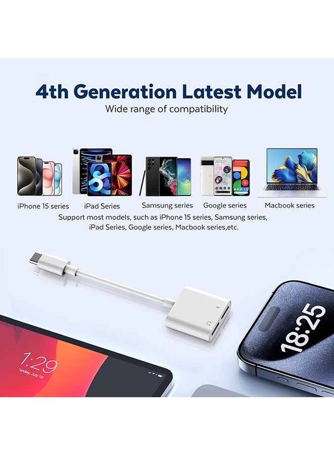 Wffo 2 in 1 Dual USB C Headphone and Charger - New Audio Charger Adapter DAC Type C Aux Earphone Splitter Compatible With Apple iPad Pro Galaxy S25 Ultra S10 Lite Note10 A90 Z Flip Tab S6 Huawei P30 - Support Call+Charging - White - Image 3