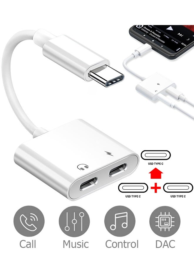Wffo 2 in 1 Dual USB C Headphone and Charger - New Audio Charger Adapter DAC Type C Aux Earphone Splitter Compatible With Apple iPad Pro Galaxy S25 Ultra S10 Lite Note10 A90 Z Flip Tab S6 Huawei P30 - Support Call+Charging - White - Image 1