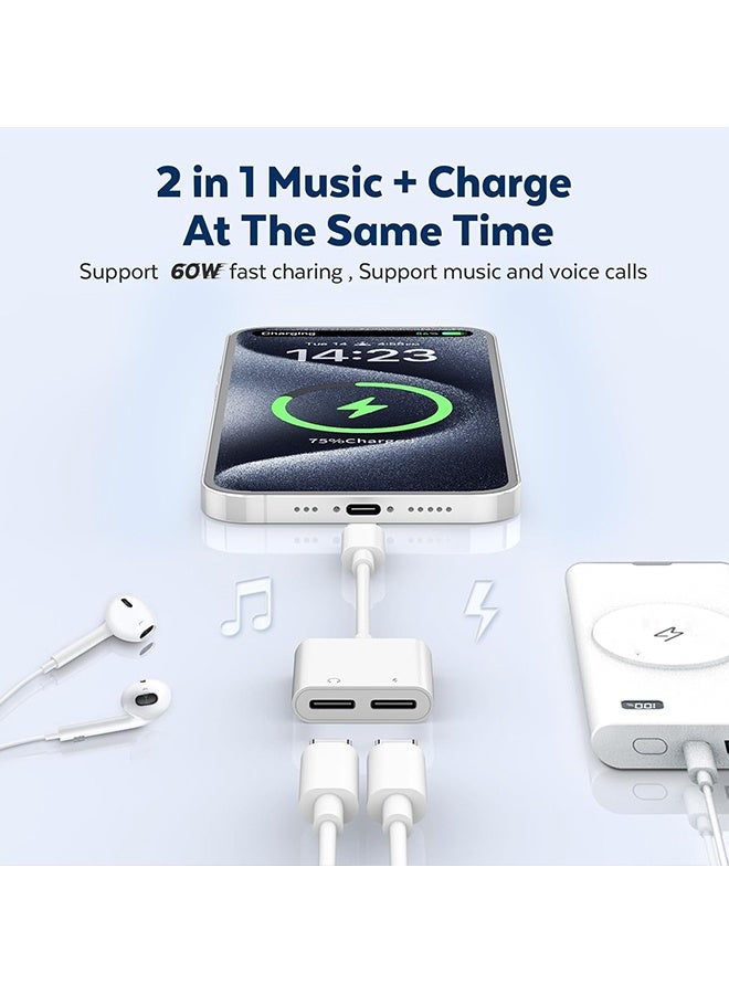 Wffo 2 in 1 Dual USB C Headphone and Charger - New Audio Charger Adapter DAC Type C Aux Earphone Splitter Compatible With Apple iPad Pro Galaxy S25 Ultra S10 Lite Note10 A90 Z Flip Tab S6 Huawei P30 - Support Call+Charging - White - Image 5