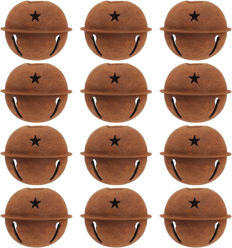comfrt 12pcs Metal Craft Bells Rusty Christmas Tree Pendants Christmas Jingle Bells with Star Cutouts for Christmas Holiday Craft Decorations 40mm - Image 1