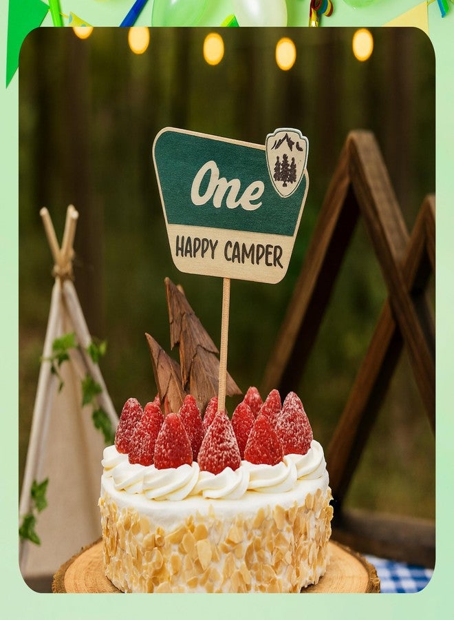 ULVEOL 4.8x6.1 Inch Cake Topper For One Happy Camper - One Happy Camper Birthday Decorations - Camping Party Wooden Cake Toppers or Wedding Anniversary Rravel - Souvenirs Birthday for Family and Friends - Image 5