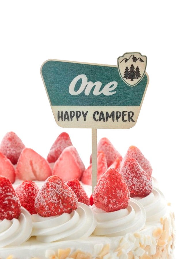 ULVEOL 4.8x6.1 Inch Cake Topper For One Happy Camper - One Happy Camper Birthday Decorations - Camping Party Wooden Cake Toppers or Wedding Anniversary Rravel - Souvenirs Birthday for Family and Friends - Image 1