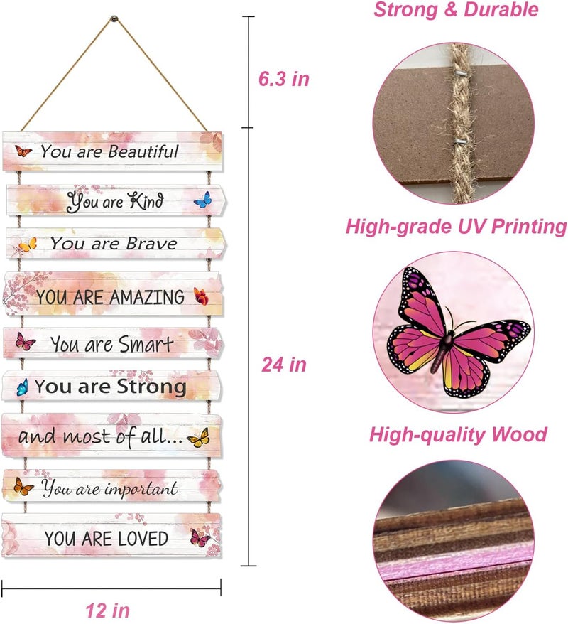 JEVUVU Butterfly Girls Room Decor, Pink Wall Art Sign, 12 x 24 Inches, Wooden - Image 1
