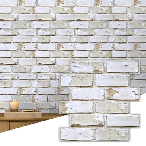 Commomy 10 Pcs 3D Brick Peel and Stick - 11.8"X11.8" Small Size Thin PVC Warm Whitewash Faux Brick Wall Panels for Kitchen Backsplash, Fireplace, Living Room, Interior Wall Tiles - Image 1