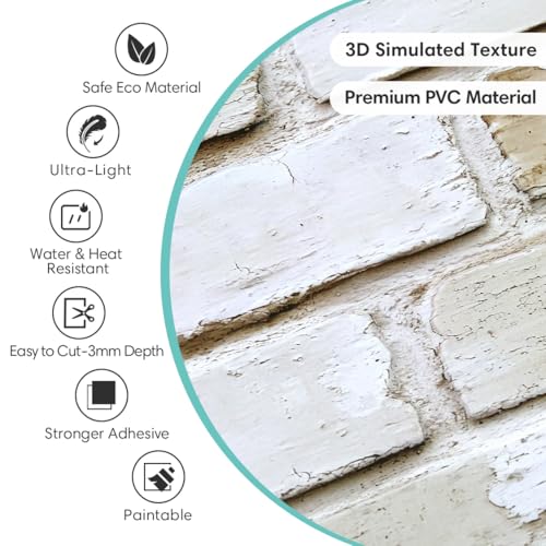 Commomy 10 Pcs 3D Brick Peel and Stick - 11.8"X11.8" Small Size Thin PVC Warm Whitewash Faux Brick Wall Panels for Kitchen Backsplash, Fireplace, Living Room, Interior Wall Tiles - Image 4