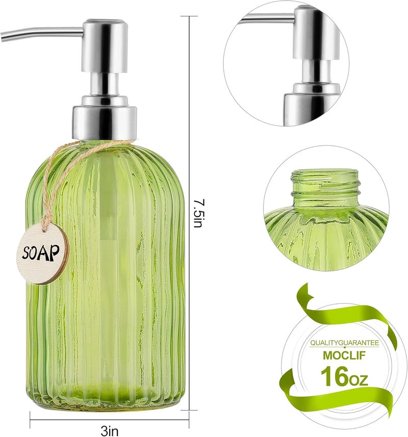 MOCLIF 16 OZ Soap Dispenser，Tempered Glass Clear Vertical Stripe with 304 Rust Proof Stainless Steel Pump Refillable Liquid Hand Soap Dispenser，for Bathroom, Kitchen, Dish Soap，Lotion (Green) - Image 2