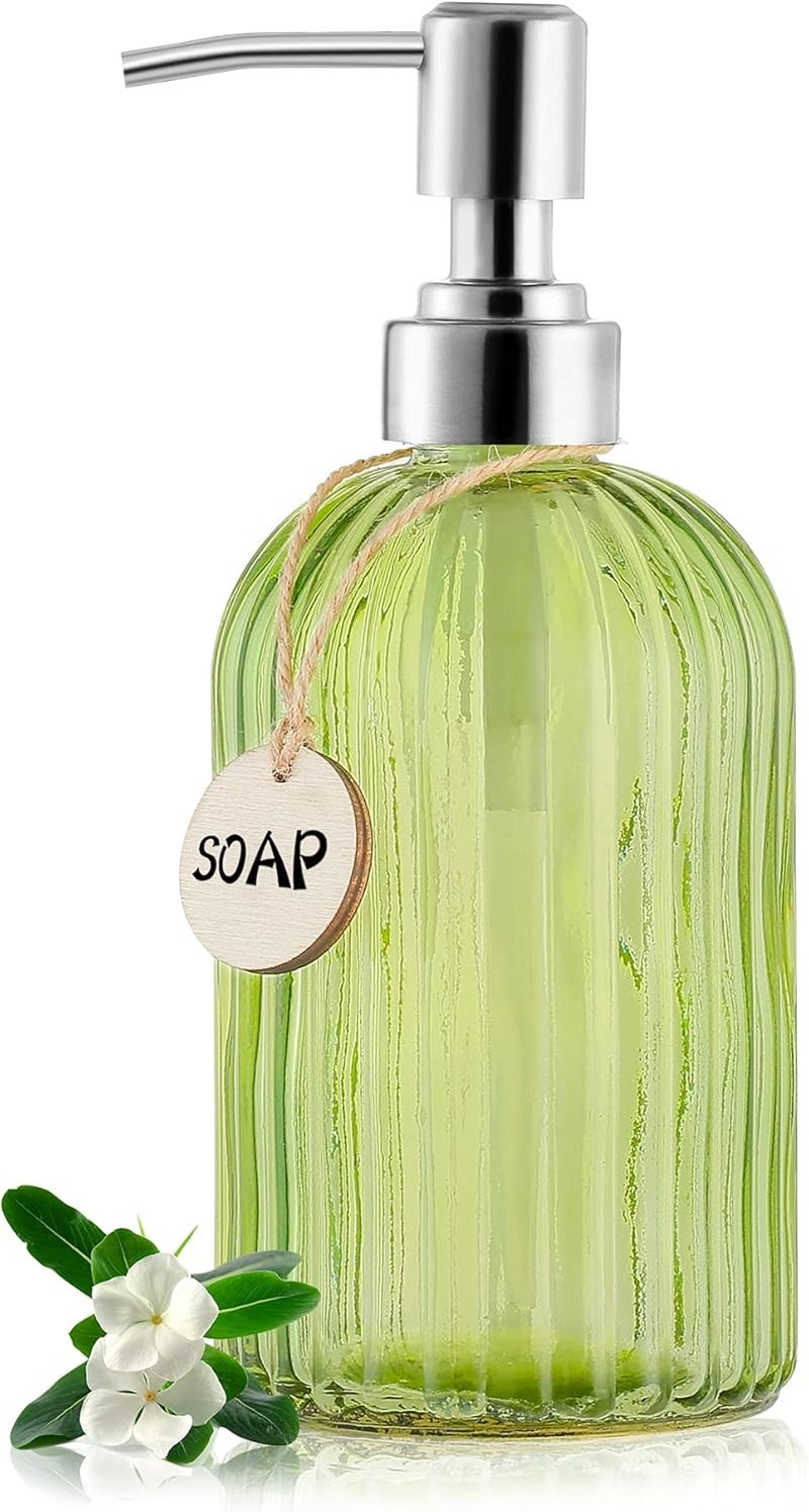MOCLIF 16 OZ Soap Dispenser，Tempered Glass Clear Vertical Stripe with 304 Rust Proof Stainless Steel Pump Refillable Liquid Hand Soap Dispenser，for Bathroom, Kitchen, Dish Soap，Lotion (Green) - Image 1