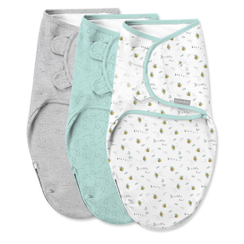 SwaddleMe by Ingenuity Easy Change Baby Swaddle in Size Small/Medium, 0-3 Months, 7-14 Pounds, 3-Pack with Easy Change Zipper - Little Bees - Image 1
