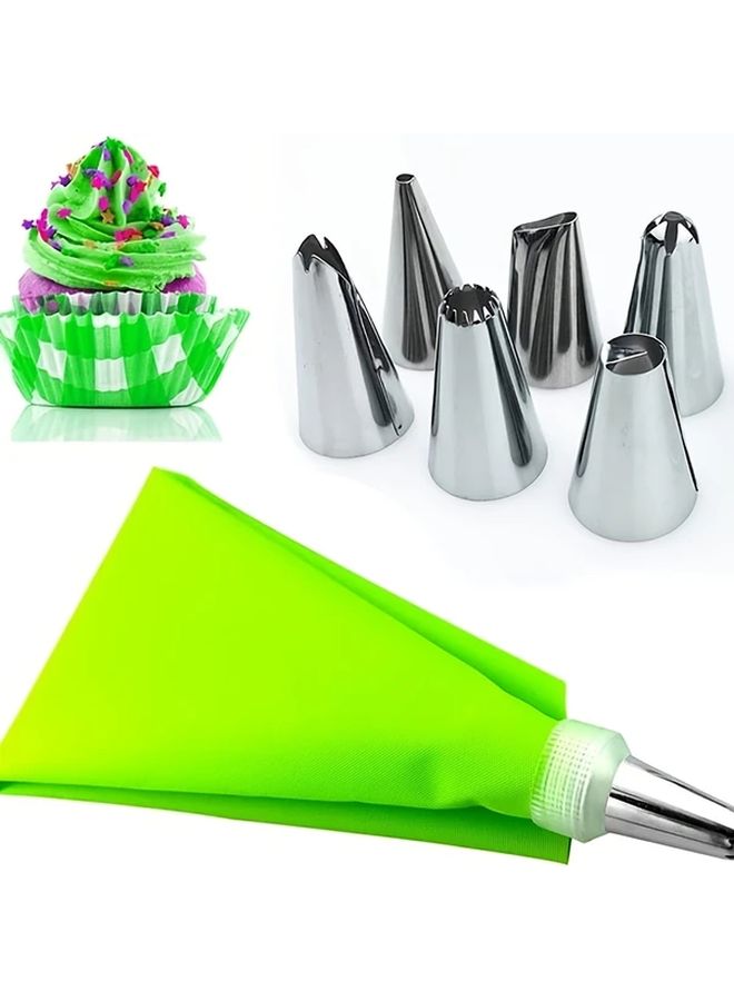 Green Silicone Icing Piping Bag Set Reusable With 6 Stainless Steel Nozzles DIY Cake Decorating Kit - Image 4