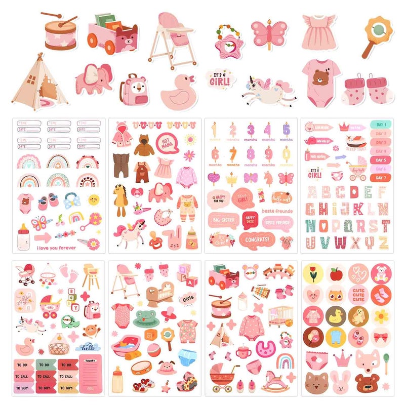 XIHIRCD 8 Sheets Baby Girl Scrapbook Stickers, Various Patterns Baby Book Pages Decals for Newborn Planning - Image 1