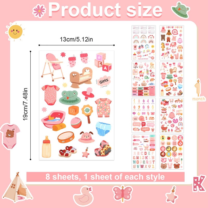 XIHIRCD 8 Sheets Baby Girl Scrapbook Stickers, Various Patterns Baby Book Pages Decals for Newborn Planning - Image 2