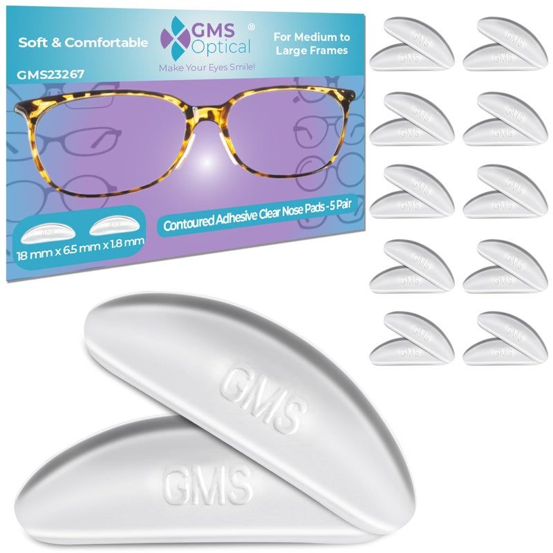 GMS Optical 18mm RegThin18mm Long Length AntiSlip Adhesive Contoured Soft Silicone Eyeglass Nose Pads with Super Sticky Backing 2 Sets 5 Pack10 PairClear
