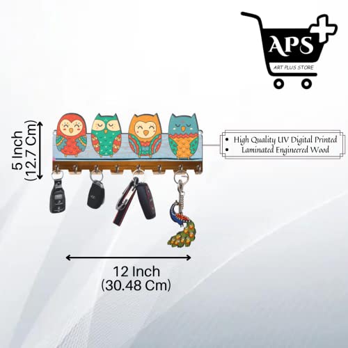 APS ART PLUS STORE Owl Digital UV Printed Wooden Key Holder for Home and Office Decor, Key Holder for Living Room, Bedroom, Hall, 8 Stainless Steel Hooks - Image 2