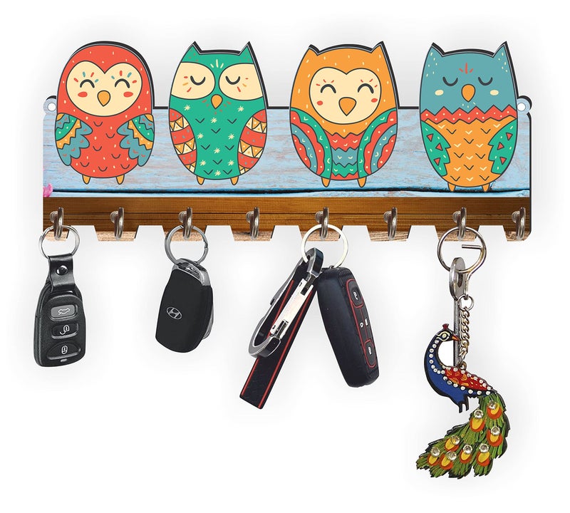 APS ART PLUS STORE Owl Digital UV Printed Wooden Key Holder for Home and Office Decor, Key Holder for Living Room, Bedroom, Hall, 8 Stainless Steel Hooks - Image 1