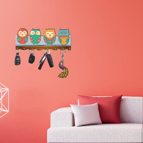 APS ART PLUS STORE Owl Digital UV Printed Wooden Key Holder for Home and Office Decor, Key Holder for Living Room, Bedroom, Hall, 8 Stainless Steel Hooks - Image 3