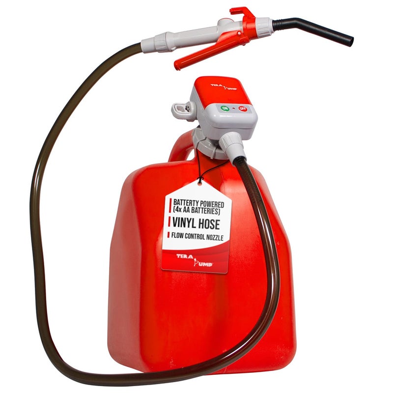 TERA PUMP  2nd Gen Fuel Transfer Pump with High Flow Nozzle 25 GalMin Universal Gas Can Adapter AA x 4 Battery Powered 42ft Extended Vinyl Hose