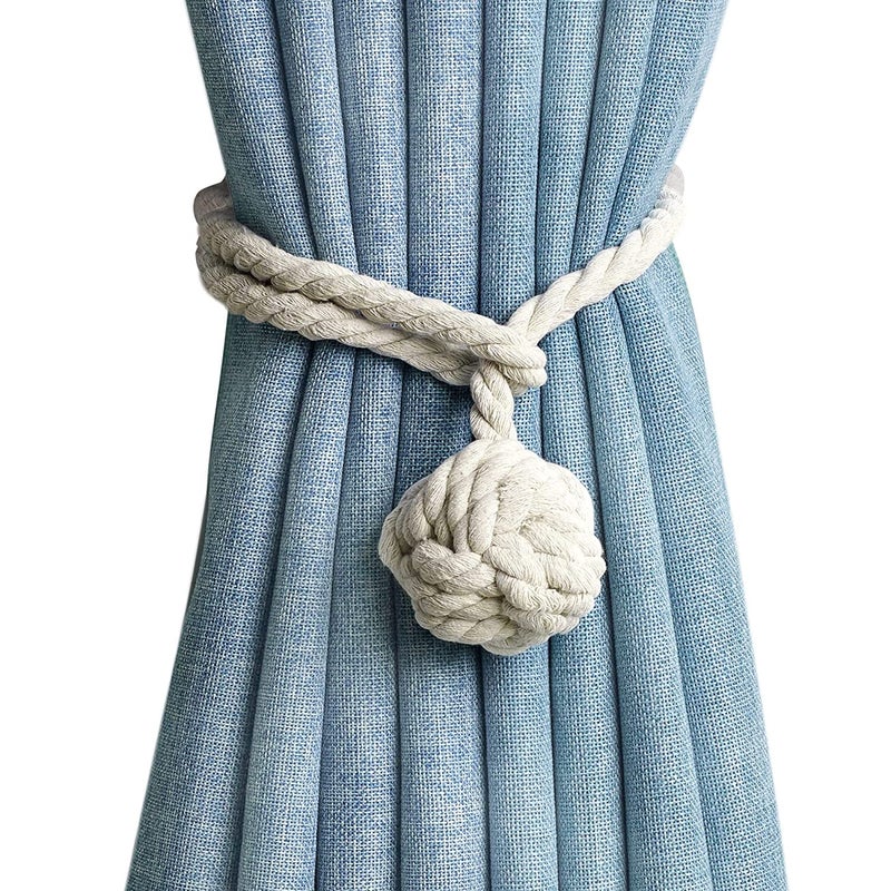 WRINGLE Curtain Rope Tiebacks Easy Knot Loop Connection Holds Your Window Drapes Open Hand Knitted Natural Cotton Neutral Light Beige Color One Pair Set of 2  - Image 1
