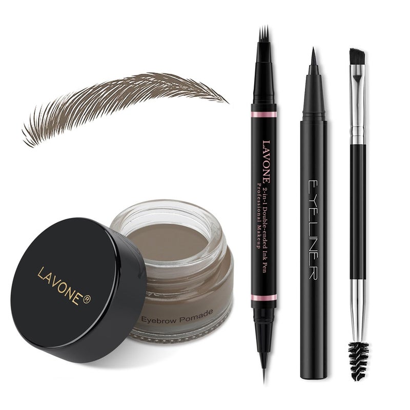 LAVONE Eyebrow Pencil Makeup Kit, with Waterproof 2-IN-1 Microblading Eyebrow Pen, Eyebrow Pomade, Eyeliner and Dual-ended Eyebrow Brush, Brow Pencil Kit for Natural Eyebrows - Dark Grey - Image 1