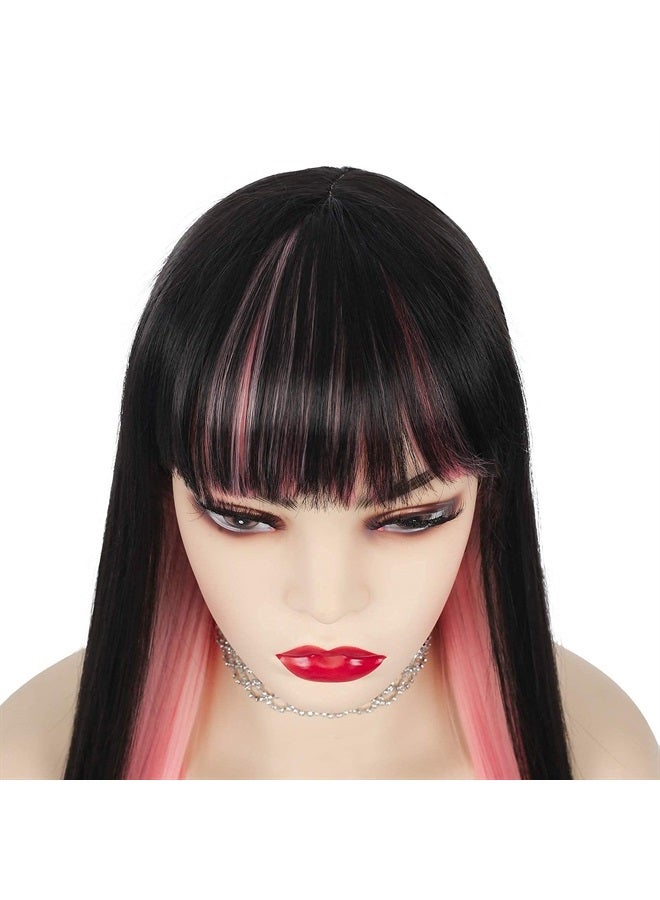 Black and Pink Long Straight Wig for Women with Bangs Synthetic Hair Heat Resistant Fiber Wig Natural Looking Daily Party Cosplay Wig