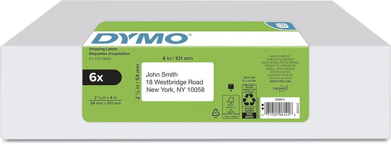 Dymo Authentic LW Standard Shipping Labels for LabelWriter Label Printers, White, 2-1/8" x 4", 6 rolls of 220 (1320 Total) - Image 1