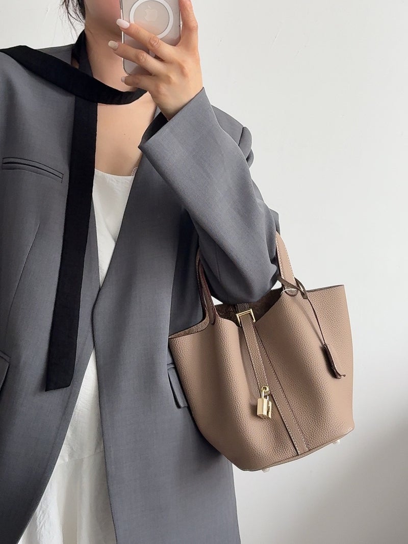 Genuine Leather Basket Bag Bucket Bag Handbag 27 Colors First Layer Cowhide Multi-Color Macaron Color Bag - Image 1