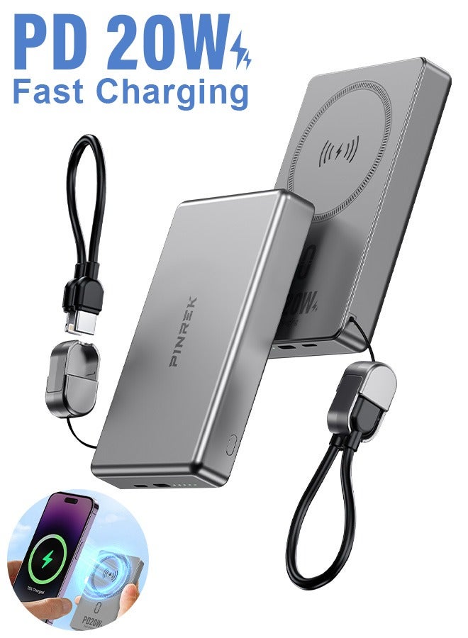 بينريك 10000 مللي أمبير في الساعة بنك الطاقة اللاسلكي المغنطيسي Magsafe الشاحن اللاسلكي المحمول الشاحن السريع الشاحن PD 20W شحن سلكية شحن iPhone Magsafe Charger Packt لأجهزة iPhone 16/15/14/13/12 سلسلة - رمادية (مع كابل USB -C/Lightning) - Image 1